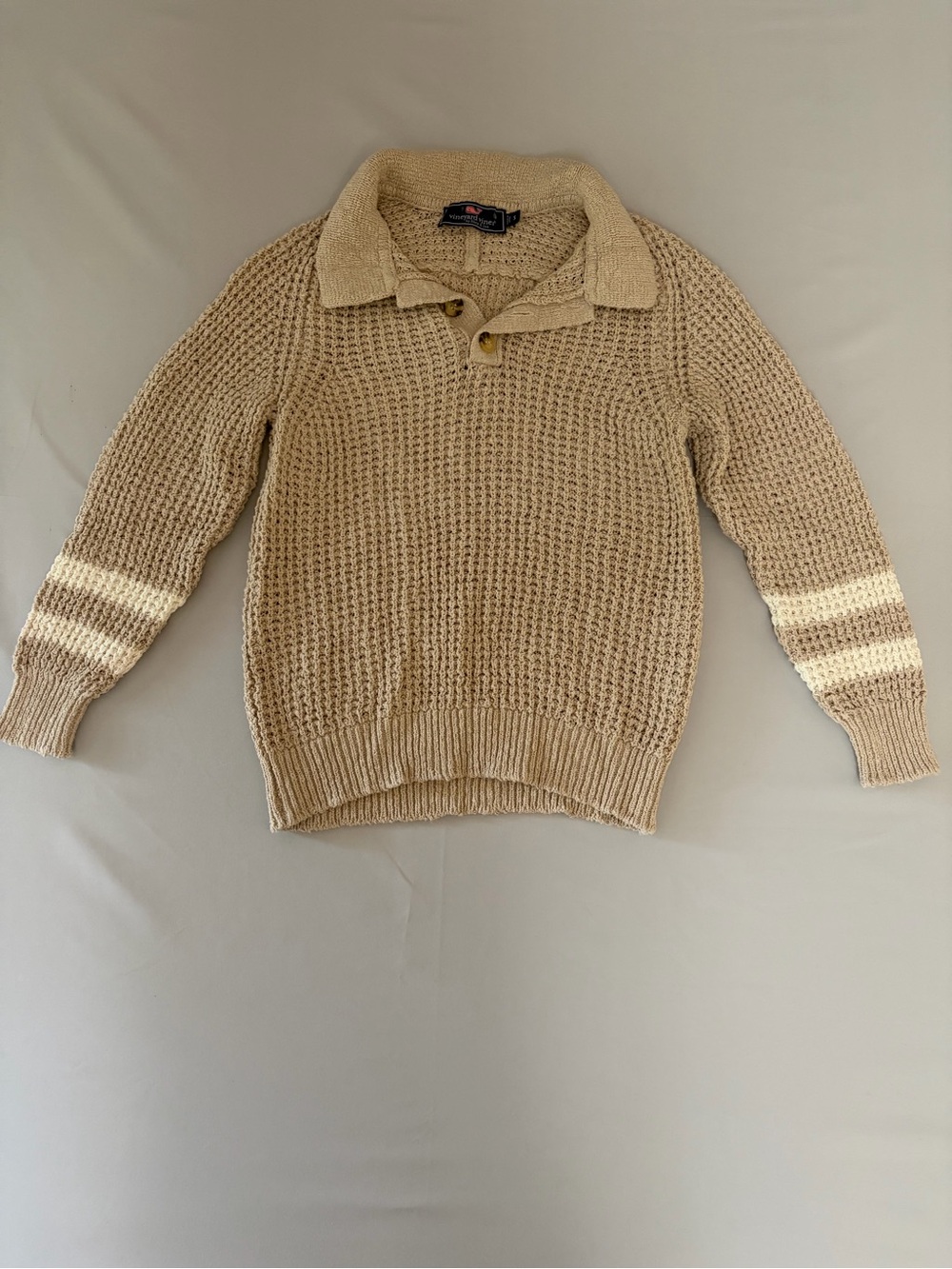 Vineyard Vines Beige Waffle-Knit V-Neck Sweater with Ivory Sleeve Stripes